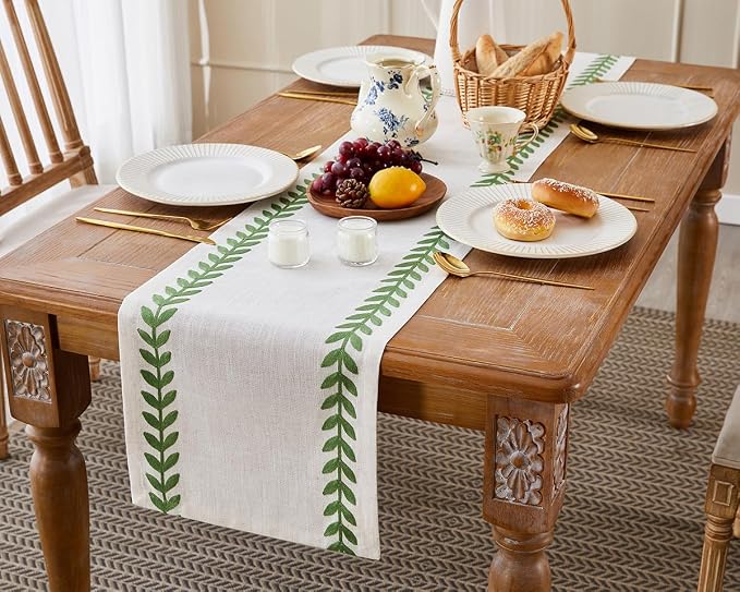 Wracra Embroidered Table Runner Irregular Willow Leaf Table Runners 90 Inches Long for Dresser Home Dining Table Decor,14 x 90 Inch, Green