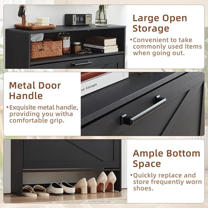 RWYHG Shoe Cabinet Storage for Entryway with 2 Flip Drawers Open Storage Layer Rack Narrow Organizer Slim Hidden Wood Shoe Cabinet Furniture Black