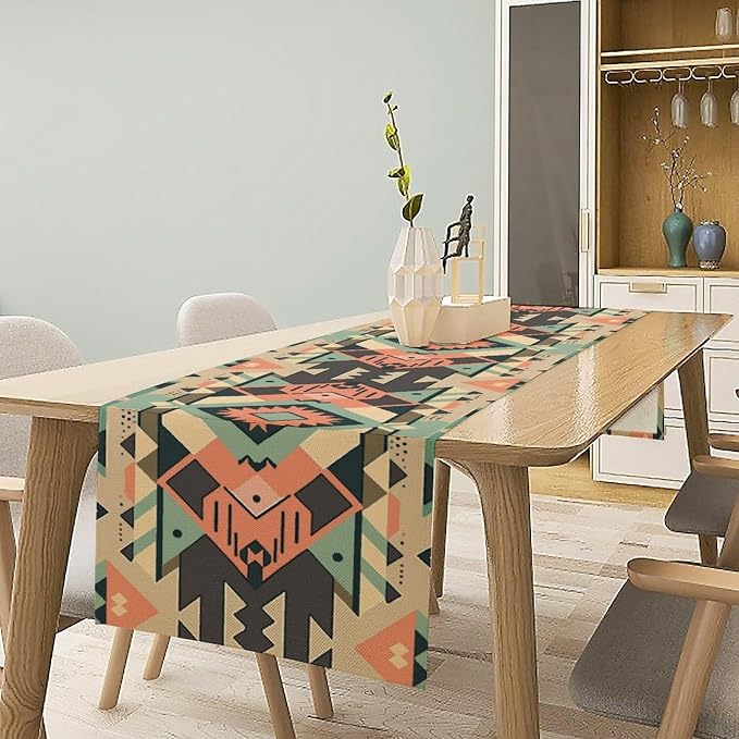 Aztec Table Runner, Southwestern Native Ethnic Navajo Abstract Geometric Tribal Vintage Beige Black Table Runners Decor for Kitchen Family Dinner Table Holiday Party 13x108 Inch