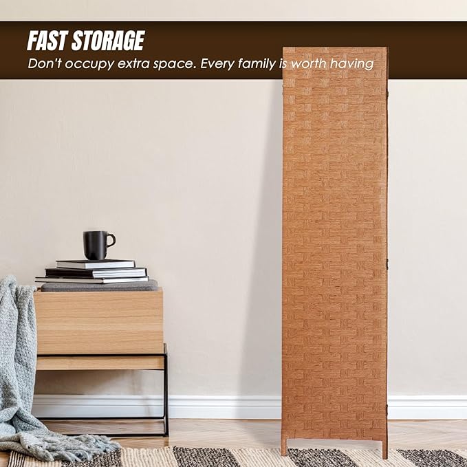 PayLessHere Room Divider 6FT Wood Mesh Hand-Woven Room Divider, 4-Panel Indoor Folding Portable Partition Screen,Natural