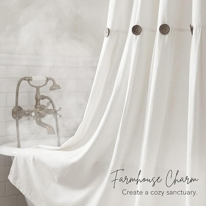 Farmhouse Shower Curtain Linen Button Woven Fabric Country Rustic Western, White 72" W x 72" L