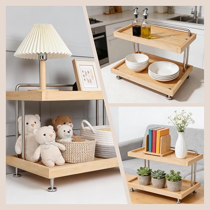 Bamboo Two-Tier Storage Rack，Tabletop Storage Organizer for Kitchen, Bathroom, Office, and Home Use