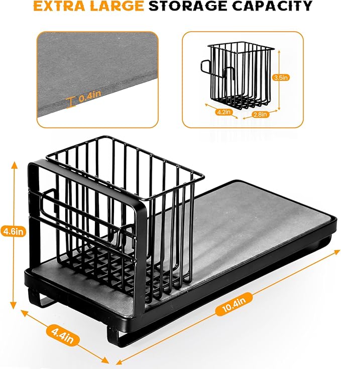KONE Black Kitchen Sink Caddy: Kitchen Sponge Holder with Instant Drying Stone and Brush Holder, Rustproof Sink Organizer for Sponges, Soap, Home Decor Storage and Organization