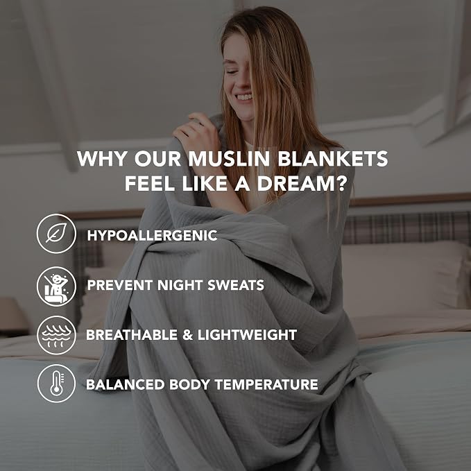 Goqan Throw Blanket 55x60 – 100% Turkish Cotton 4 Layer Boho Muslin Blanket for Adults, Four Season Blanket Lightweight and Thin, Soft, Breathable for Bed, Couch, Picnic - Light Grey
