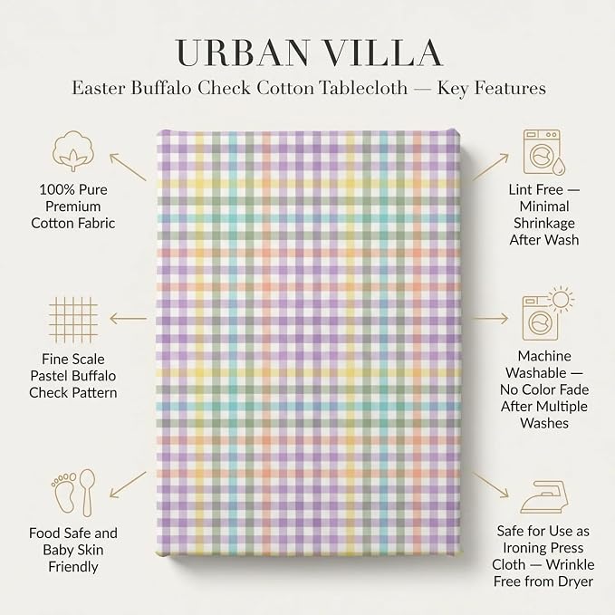 Urban Villa Tablecloth Buffalo Check Tabletop Cover Kitchen Dining Table Cloth 100% Cotton Great Parties Wedding Holiday Dinner Easter Rectangle 52X70 Inches 4-6 Seats