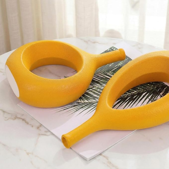 Yellow Ceramic Hollow Elliptical Vase Set of 2 - Boho Circle Vase with Hole, for Modern Yellow Table Decor, Living Room Decor Shelf mid Century Modern Home Entrance Decorative vase