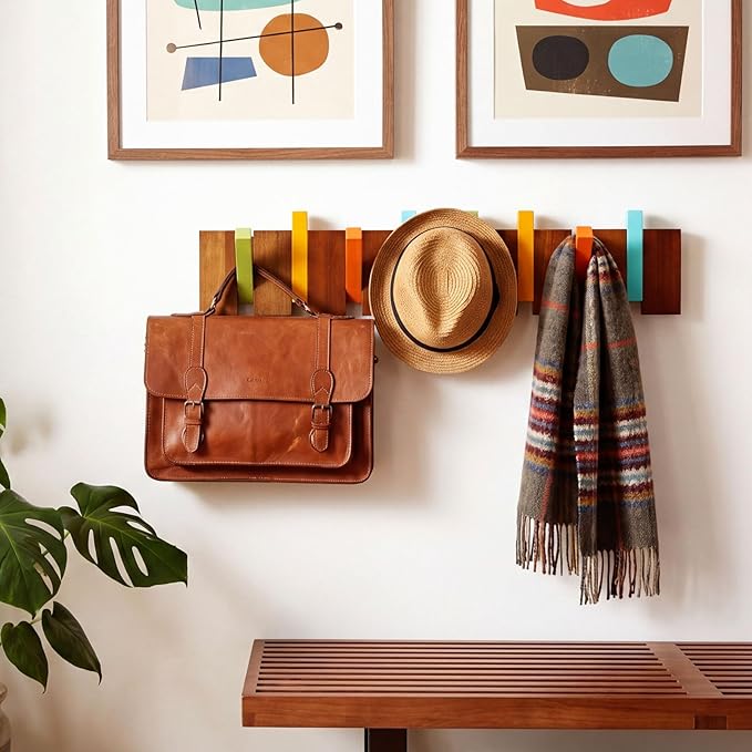 Youyole 1 Pcs Mid Century Modern Wooden Coat Hooks Wall Mounted Folding Coat Rack Hanger with Hooks Heavy Duty Flip Down Piano Hat Rack for Hanging Coats Hats Home (22.83 x 5.31'',Mid Century Color)