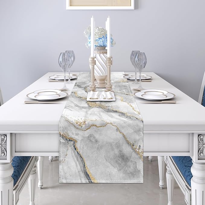 Marble Table Runner 13x71 Inch Gold Grey Table Dresser Runners Modern Table Decorations Coffee Table Runner for Home Kitchen Dining Room (Grey & Gold71)
