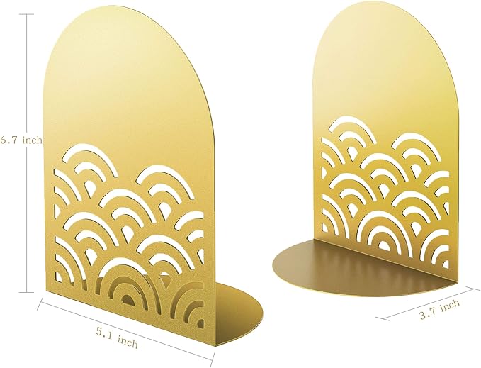 QiMing Ukiyoe Auspicious Clouds Bookends for Books,1 Pair Metal Wavy Pattern Book Holders for Office Shelves Adults & Kids Gift(Gold)