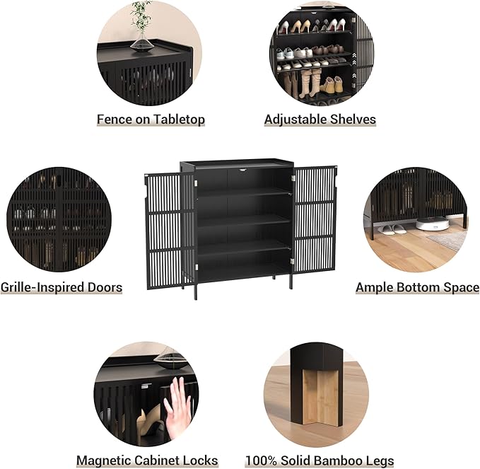 Shoe Cabinet, 20 Pair Farmhouse Shoe Organizer Cabinet, Freestanding Bamboo Wood Shoe Storage Cabinet with Grille Doors, 5-Tier Narrow Shoe Cabinet for Entryway Hallway, Black