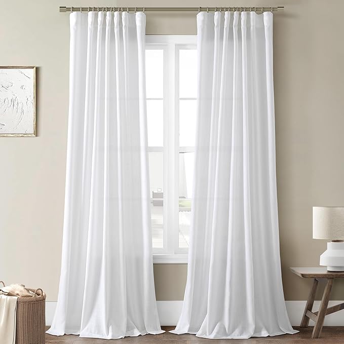 Joywell White Linen Curtains 84 Inches Long Hook Belt Pleated Back Tab Modern Aesthetic Pocket Privacy Light Filtering Semi Sheer Curtain Panel Drapes for Bedroom Living Room Sliding Door Set of 2