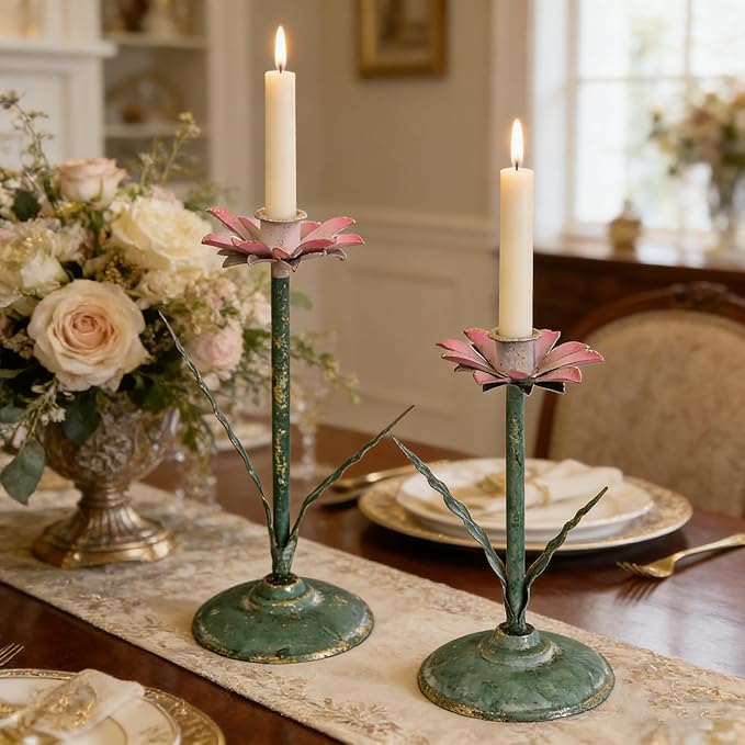 Vintage Lotus Flower Taper Candle Holders Set of 2, Distressed Green Metal Candlestick Stands with Pink Floral Design, Rustic Farmhouse Tabletop Centerpiece for Wedding, Dining & Home Decor