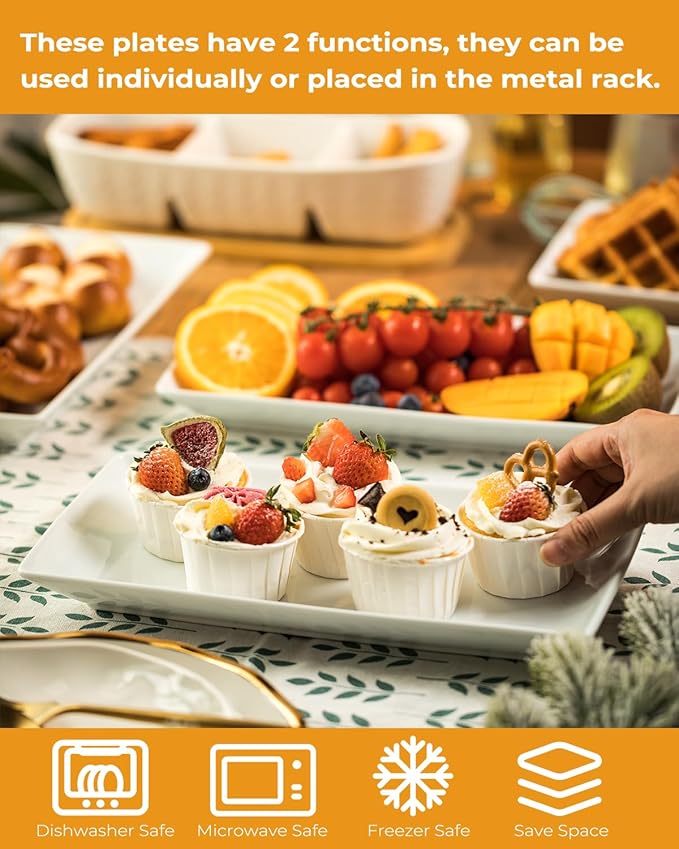 LAUCHUH 3 Tier Serving Tray, Porcelain Serving Platter Tier Serving Stand with Collapsible Sturdier Rack, Serving Trays and Platters Dessert Party Display Set for Mother's Day, Gold, 12 Inch