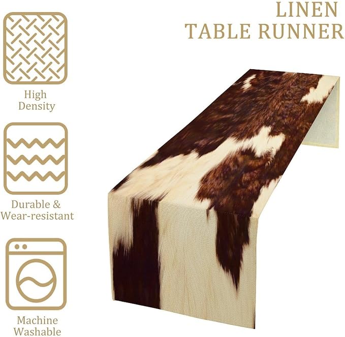 Cow Skin Print Table Runner, Rustic Farmhouse Cottage Animal Fur Skin Western Style Brown Wild 3D Cowhide Print Dinner Runner Table Decoration for Home Kitchen Dining 13x70 Inch