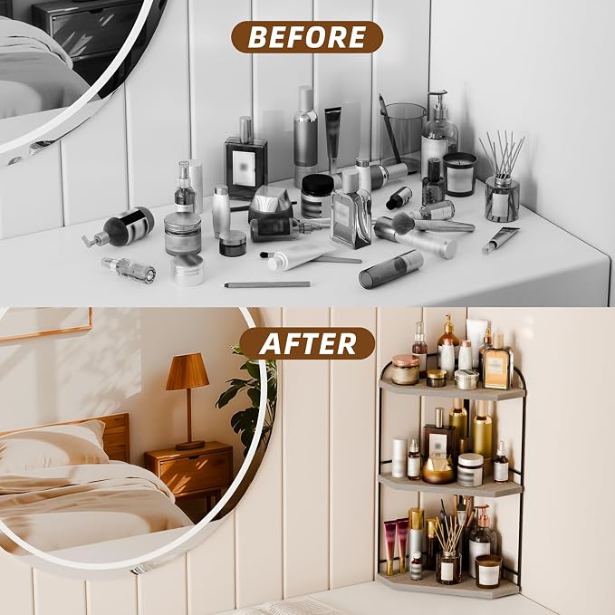 Corner Bathroom Counter Organizer, 3-Tier Wood Countertop Organizer for Perfume, Makeup Storage, Skincare Organizers for Vanity, Counter Corner Shelf for Kitchen, Bathroom, Dresser (Grey)