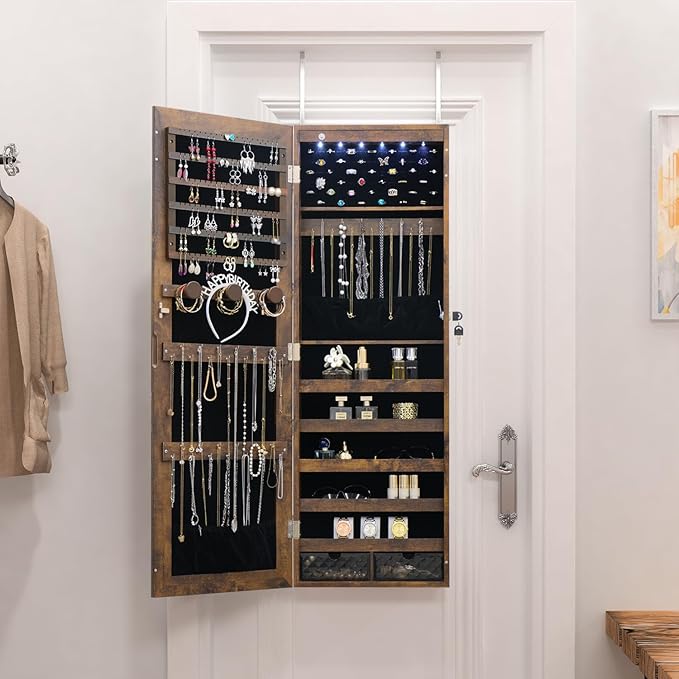 LED Jewelry Cabinet Armoire Organizer,Wall/Door Mount Jewelry Organizer and Storage with Full-Length Mirror Hanging Jewelry Organizer Full Length Mirror with Storage Large Capacity