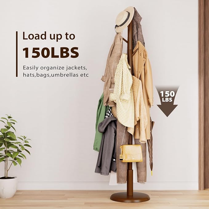 Taitiy Solid Wood Coat Rack Freestanding Coat Tree with 10 Hooks for Bedroom, Livingroom, Entryway, Sturdy Coat Hanger Stand for Hats, Coats, Scarves, Handbags, Purses