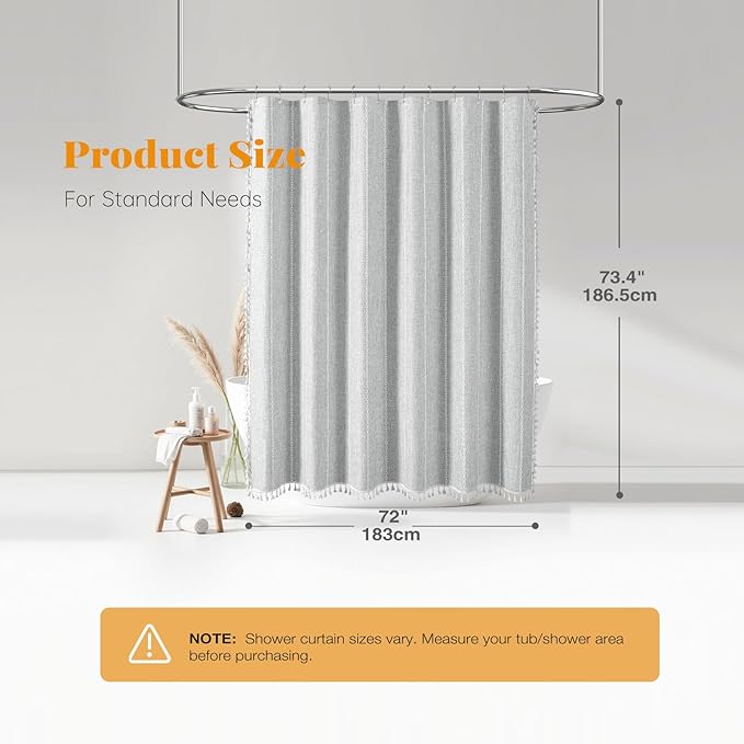 BTTN Gray Boho Farmhouse Shower Curtain, Linen Rustic Weighted Striped Fabric Shower Curtain Set with Tassel, Water Repellent, Bohemian Vintage Country Cloth Shower Curtain for Bathroom, Grey, 72x72