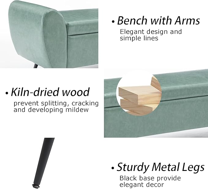 Storage Bench for Bedroom, 55" Extra Long Bench for King Size Bed, Modern Upholstered End of Bed Ottoman Bench with Arms for Entryway Living Room (Vegan Leather, Sage Green)