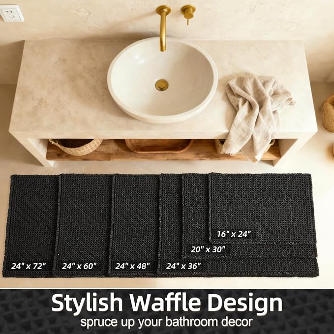 Sunfly Long Black Bathroom Rug, Waffle Bath Mat Non-Slip Washable Super Absorbent Quick Dry, Boho Farmhouse Bathroom Runner Decor 24"x60" Black