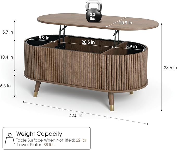Oval Coffee Table with Storage, 42.5” Fluted Coffee Table with Lifting Top & Solid Wood Legs, Modern Lift Up Center Table for Living Room, Home Office, Walnut