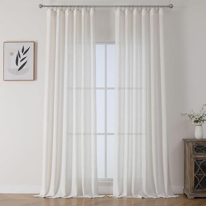 Ivory Linen Semi Sheer Curtains 108 Inches Long, Flax Light Filtering Curtains & Drapes for Bedroom, White Oatmeal Window Treatments, Retro Pinch Pleat Floor to Ceiling Curtain with Hooks