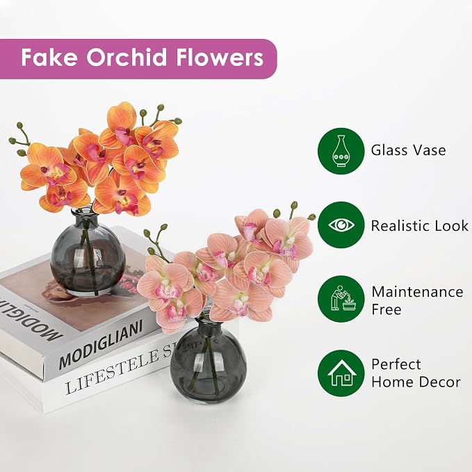 Oairse Orange Orchids Artificial Flowers Faux Orchid Arrangement with Vase | Set of 2 Real Touch Phalaenopsis Orchid Flowers in Black Glass Vase Orchid Centerpiece for Dining Room Table