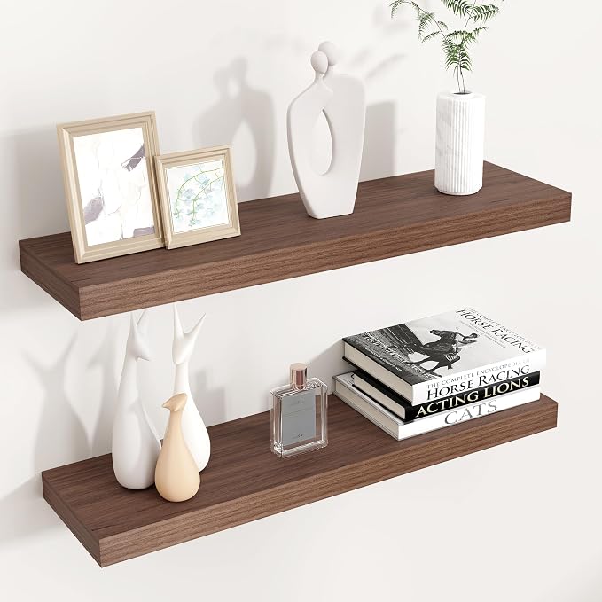 Venusmiles Floating Shelves for Wall 24 inch Long, Engineered Wood Wall Shelves with Invisible Brackets for Living Room Bedroom Bathroom Office Kitchen Decor and Storage, Walnut Finish, Set of 2