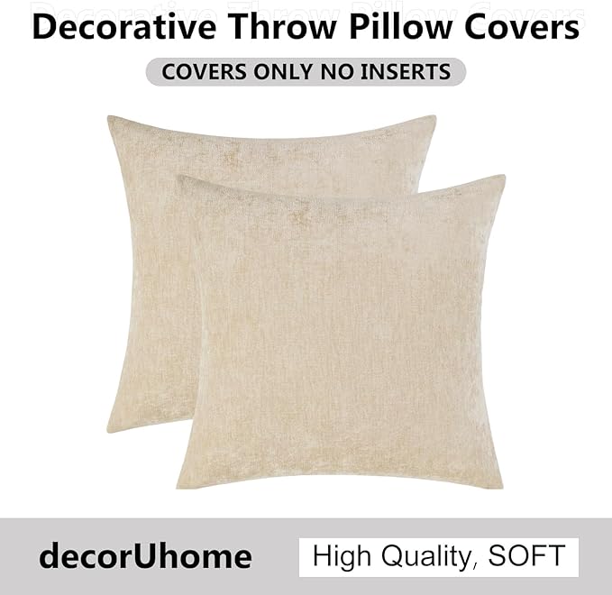 decorUhome Chenille Beige Throw Pillow Covers 22x22 Inch Set of 2, Decorative Soft Couch Pillow Covers Solid Dyed Accent Farmhouse Neutral Square Pillow Cases for Sofa
