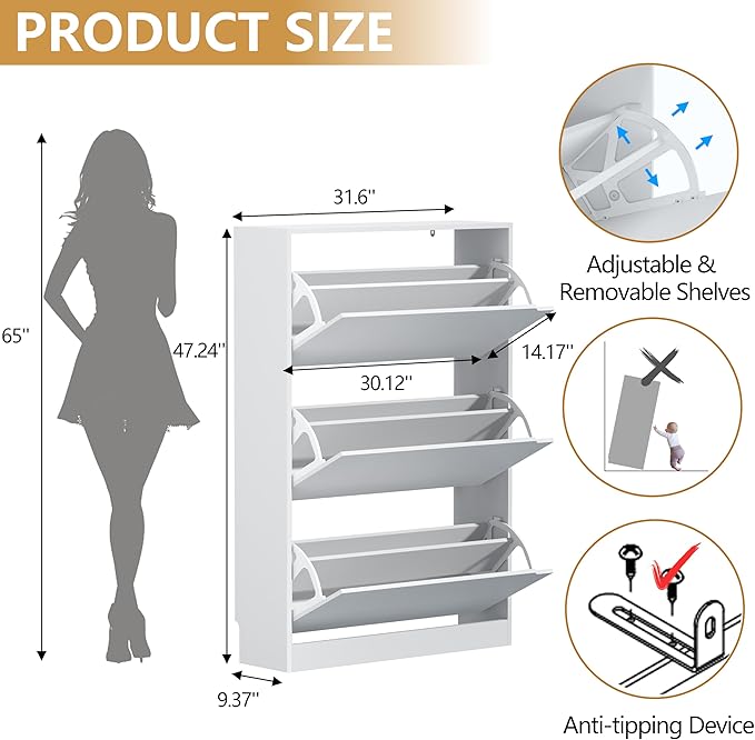 Wodeer Shoe Storage Cabinet with 3 Flip Drawers, Slim Hidden Wood Shoe Cabinet Storage for Entryway, Freestanding Narrow Shoe Rack Organizer with Adjustable Shelves for Foyer, Hallway, White