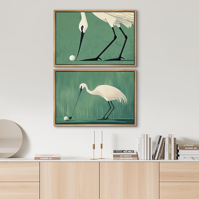 SIGNWIN Framed Canvas Print Wall Art Set Funny Crane Playing Golf Whimsical Bird Illustrations Modern Art Rustic Minimal for Living Room, Bedroom, Office - 16"x24"x2 Natural