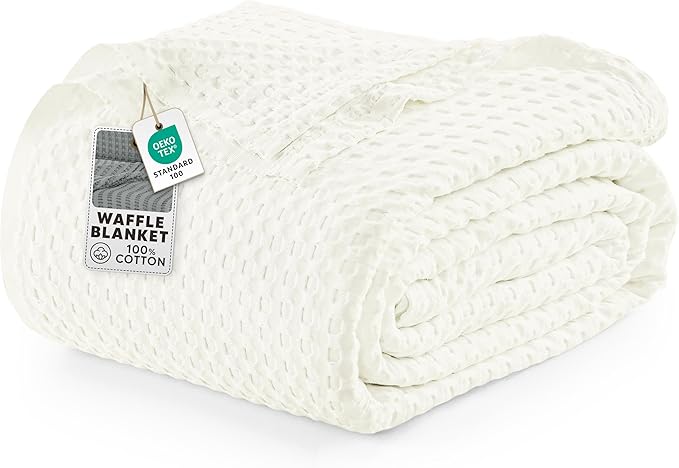 Utopia Bedding 100% Cotton Waffle Weave Blanket Queen Size for Bed - Lightweight, Breathable Summer Blankets Soft and Cozy, Gifts for Women Home Room Decor (Ivory, 90x90 Inch)