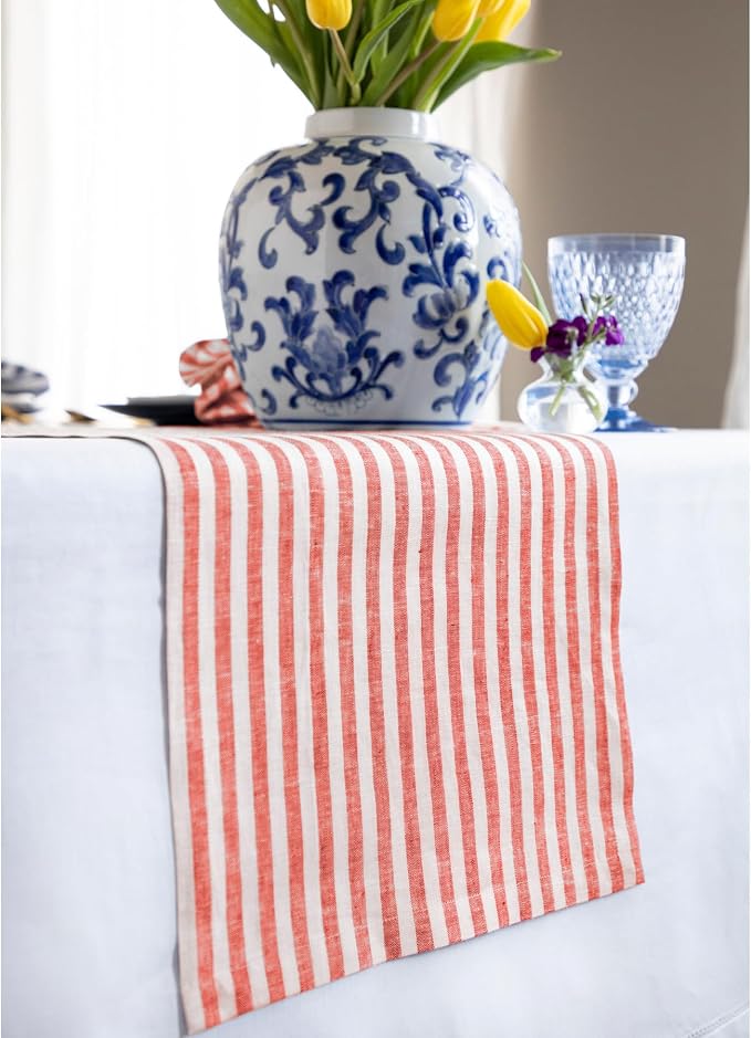 Solino Home Striped Linen Table Runner 90 Inches Long - Amalfi Stripe 100% Pure Linen Red and White Dining Table Runner 14 x 90 Inch for Summer, 4th of July