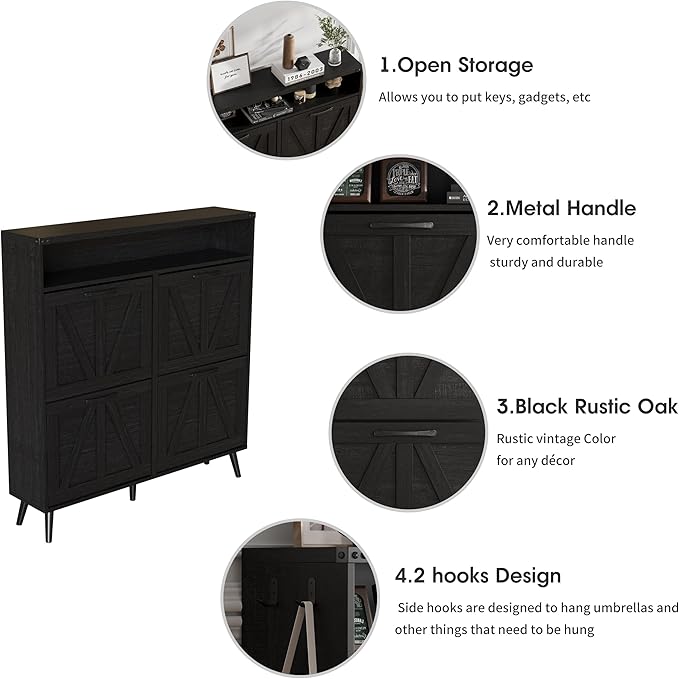 Halitaa Shoe Cabinet with 4 Flip Drawers,Farmhouse Shoe Storage Cabinet for Entryway,Narrow Freestanding Organizer Rack with Open Shelves for Foyer,Hallway,Black