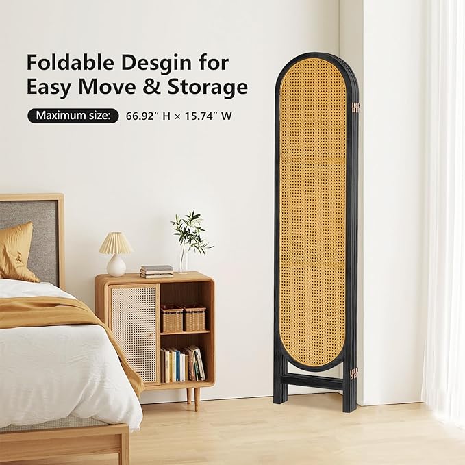 4 Panel Room Divider, Double Hinged Foldable Wooden Room Divider, Individual Privacy Screen Made of Hand-Woven Rattan, Portable Wall Divider for Home Office Bedroom Bathroom (Black Natural)