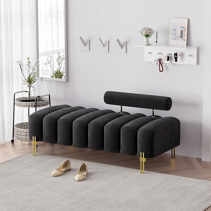 Modern Bench for Bedroom, 52.2" Channel Tufted End of Bed Bench, Ottoman Bench Small Window Entryway Footrest Padded Bench with Adjustable Back for Living Room, Black, Velvet