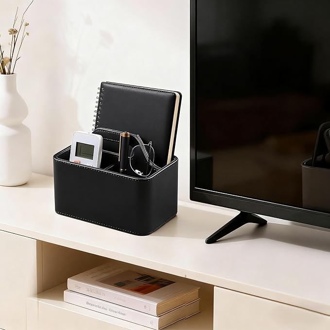 Caddy Organizer with Handle, PU Leather Remote Control Holder Desk Caddy, Portable Makeup Remote Organizer for Table, Nightstand, Office (Black)