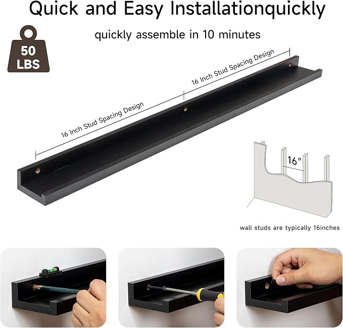 Fun Memories Picture Ledge Shelf, 32 Inch Floating Shelves Set of 2, Large Nursery Book Shelves for Toys Storage, Kids Bookshelf Wall Mounted for Wall Decor Books Photo Frames, Black