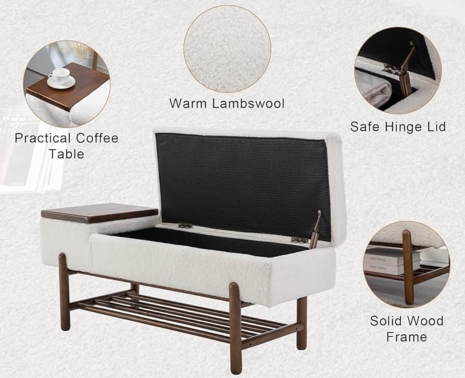 Shunzhi Modern Entryway Storage Bench, Upholstered Shoe Ottoman Bench, Sherpa Flip-Top End of Bed Bench with Wood Shelf/Coffee Table for Living Room/Bedroom/Hallway/Under Window,46.5 Inches,Beige Fur