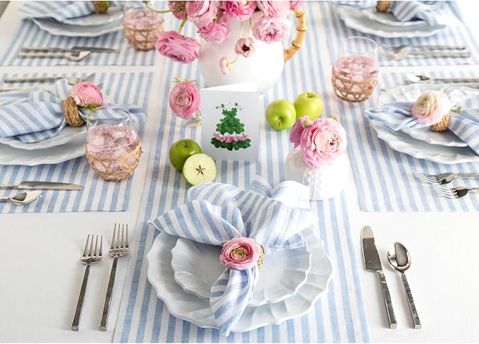 Solino Home Linen Table Runner 144 Inches Long - Amalfi Stripe, 100% Pure Linen Sky Blue and White Farmhouse Table Runner 14 x 144 Inch for Dining, Summer