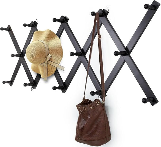 SCUNDA Wall Rack with 14 Hooks, Wooden Wall Expandable Coat Rack for Coat, Hats, Baseball Caps, Coffee Mug, Jewelry(Black)
