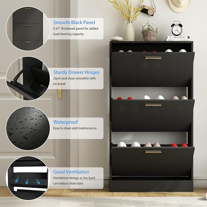 Shoe Cabinet Storage for Entryway, White Shoe Organizer with 2 Flip Drawers & Open Shelf, Freestanding Hidden Large Shoe Storage Cabinet (2pc-Black, 3 Flip Drawers)