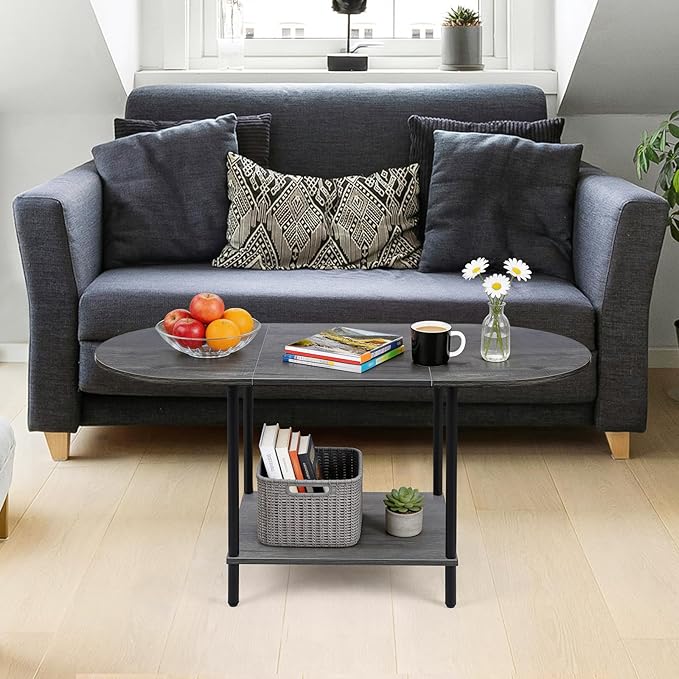 Small Coffee Table,35.4'' Oval Coffee Table with Storage Shelf & Metal Frame,Low Cocktail Tea Accent Table for Apartment,Modern Mid Century Small Living Room Table,Dark Gray