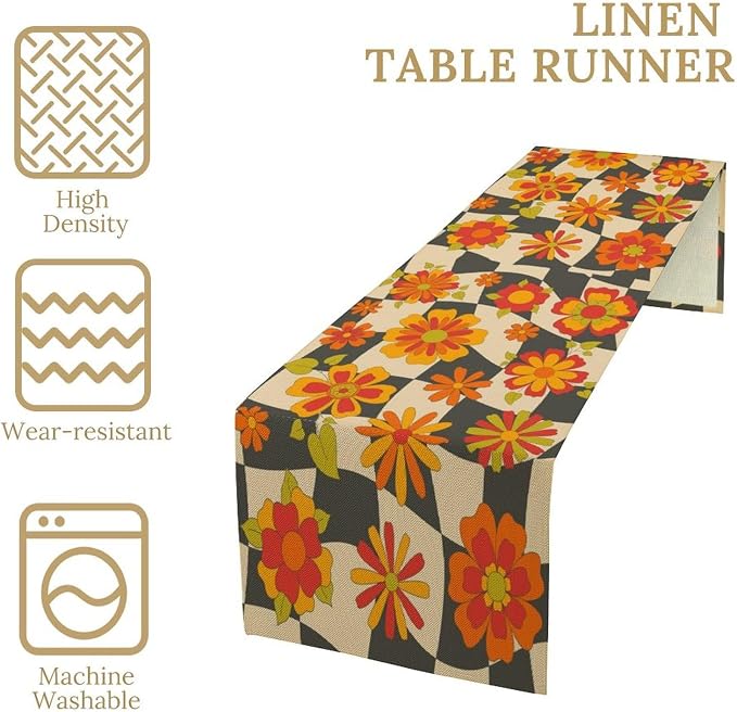 Retro Floral Checkered Table Runner 60s 70s Vintage Flowers Twisted Colorful Groovy Trendy Hippie Grid Farmhouse Country Dinner Runner for Home Kitchen Dining Table Party Holiday Decor 13"x90"