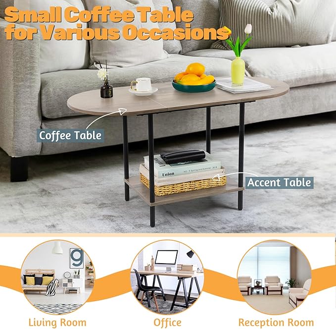 Shinoske Coffee Tables for Living Room,2-Tier Small Oval Center Table Industrial Modern Style Coffee Tables with Storage Shelf and Wood Tabletop for Small Space,Home Office,Rustic Grey