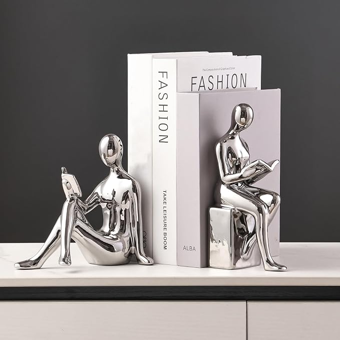 Ceramic Decorative Bookends, Book Ends for Shelves, Home Office Decor Aesthetic Statues Book Holders Stoppers for Bookshelf, Table, Bedroom Living Room Decoration (Silver)