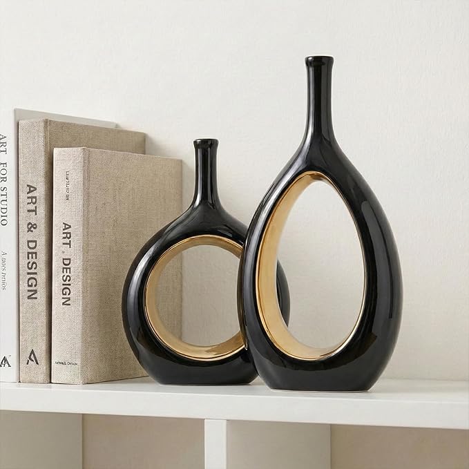 Black and Gold Vase Ceramic Black Vases Home Decor,Modern Minimalist Circle with Hole Decorative Vase, Hollow Ellipse Flower vases for Bookshelf, Fireplace Mantle, Centerpieces,Farmhouse,Rustic Décor