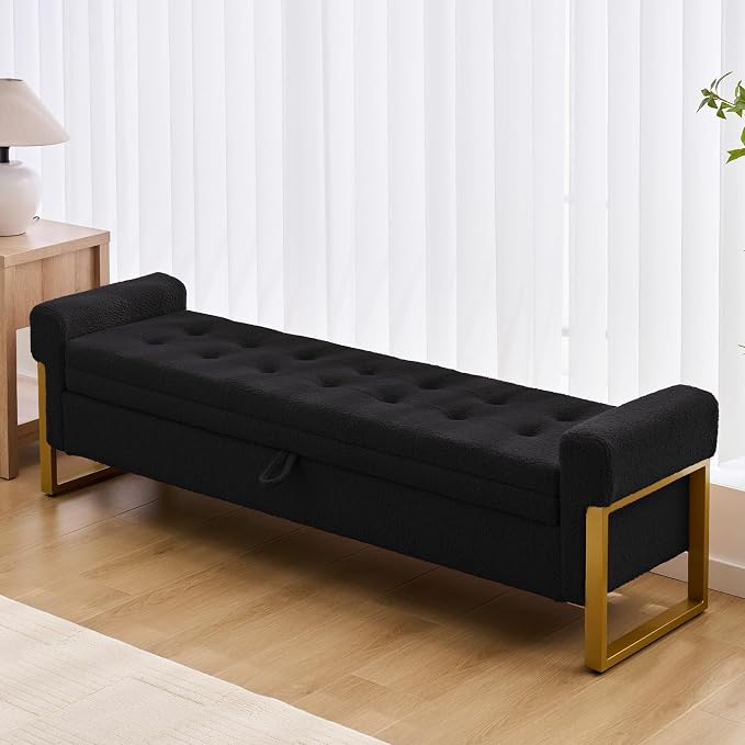 67" End of Bed Storage Bench King Size, Bench for Bedroom Foot of Bed, Upholstered Teddy Storage Ottoman with Gold Legs for Window Living Room, Teddy Black