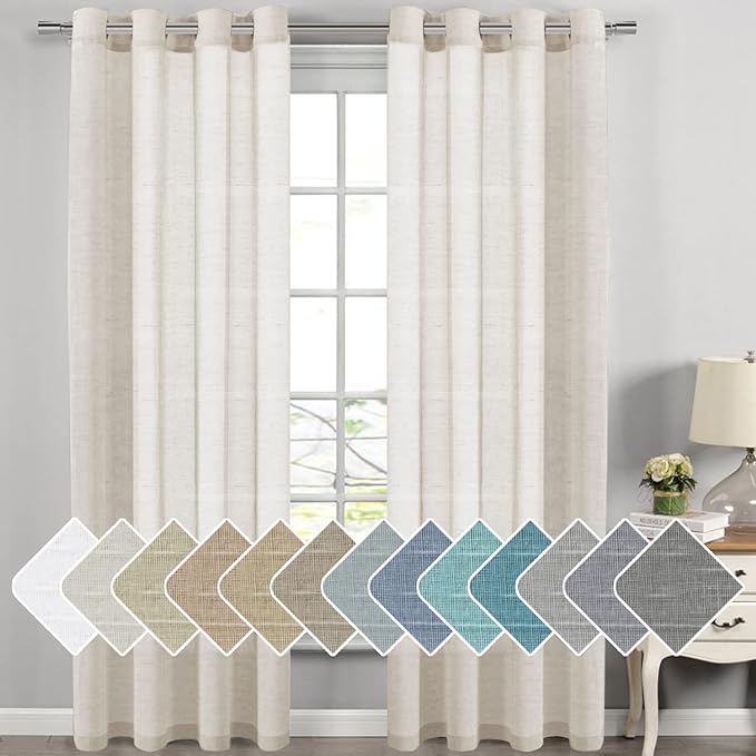 H.VERSAILTEX Linen Curtains Flax Linen Blended Curtain Panels for Living Room/Bedroom Semi Sheer Privacy Curtains 108 inch Length 2 Panels Set Nickel Grommet Window Drapes, Natural