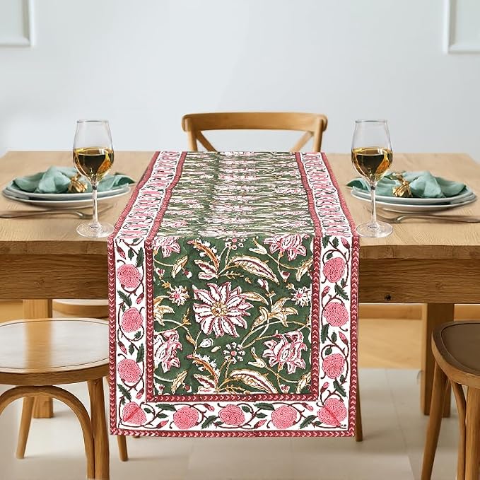 Ridhi Hunter Green Hand Block Print 100% Cotton Reusable Table Runner 16" X 70" Inches Table Runner Decorative Everyday Use for Dining, Home Gift for Spring, Easter, Valentine